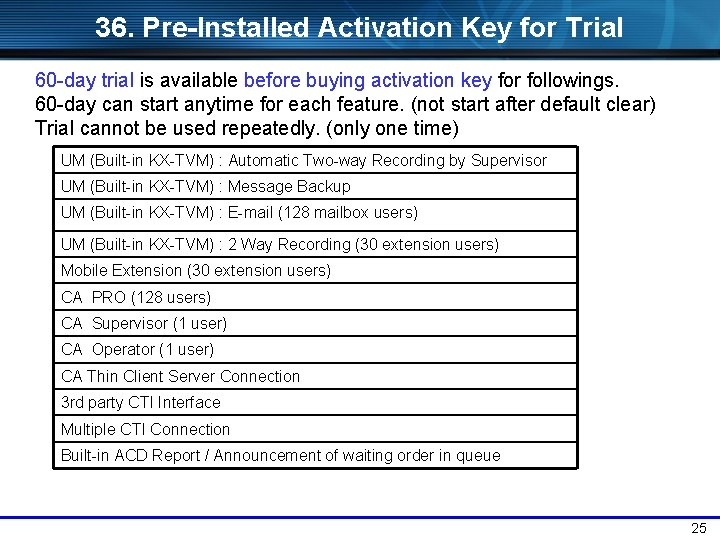 36. Pre-Installed Activation Key for Trial 60 -day trial is available before buying activation