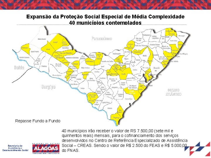 Expansão da Proteção Social Especial de Média Complexidade 40 municípios contemplados Repasse Fundo a