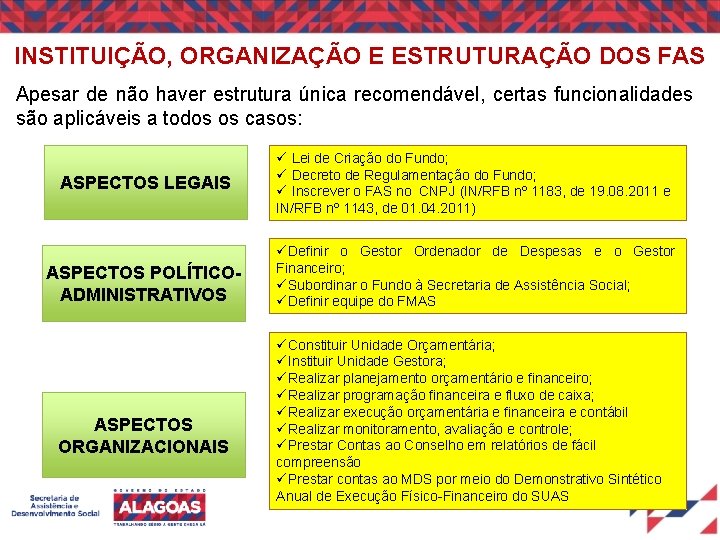 INSTITUIÇÃO, ORGANIZAÇÃO E ESTRUTURAÇÃO DOS FAS Apesar de não haver estrutura única recomendável, certas