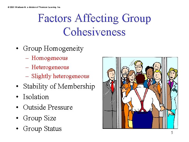 © 2001 Wadsworth, a division of Thomson Learning, Inc Factors Affecting Group Cohesiveness •