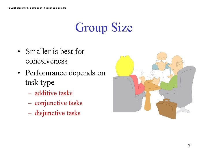 © 2001 Wadsworth, a division of Thomson Learning, Inc Group Size • Smaller is