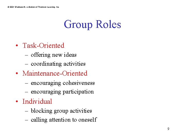 © 2001 Wadsworth, a division of Thomson Learning, Inc Group Roles • Task-Oriented –