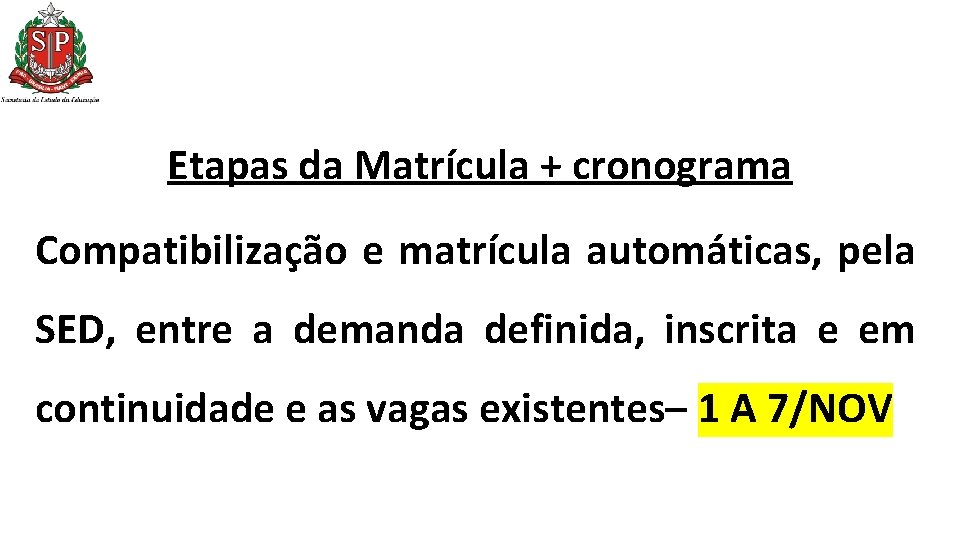 Etapas da Matrícula + cronograma Compatibilização e matrícula automáticas, pela SED, entre a demanda Etapas da Matrícula + cronograma Compatibilização e matrícula automáticas, pela SED, entre a demanda