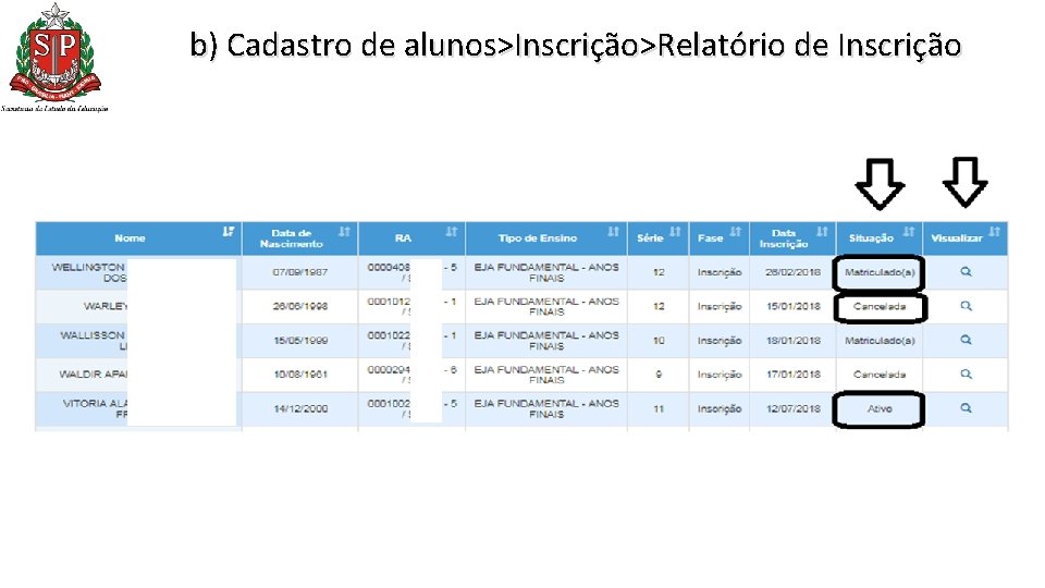 b) Cadastro de alunos>Inscrição>Relatório de Inscrição b) Cadastro de alunos>Inscrição>Relatório de Inscrição