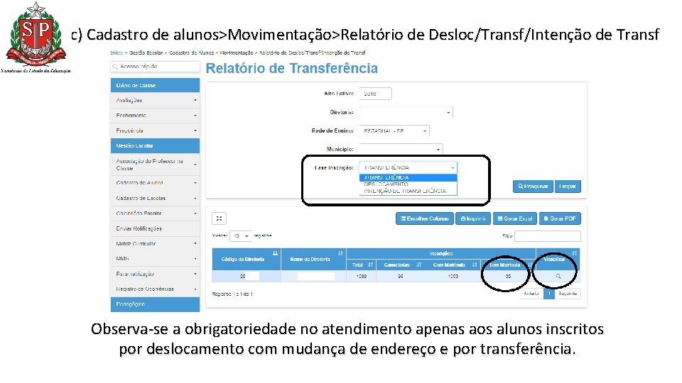 c) Cadastro de alunos>Movimentação>Relatório de Desloc/Transf/Intenção de Transf Observa-se a obrigatoriedade no atendimento apenas c) Cadastro de alunos>Movimentação>Relatório de Desloc/Transf/Intenção de Transf Observa-se a obrigatoriedade no atendimento apenas