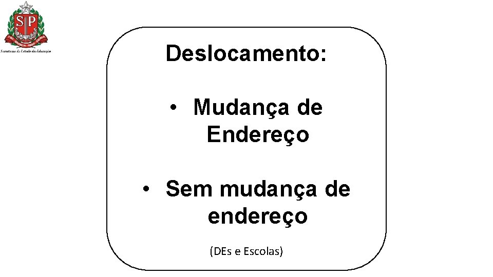 Deslocamento: • Mudança de Endereço • Sem mudança de endereço (DEs e Escolas) Deslocamento: • Mudança de Endereço • Sem mudança de endereço (DEs e Escolas)