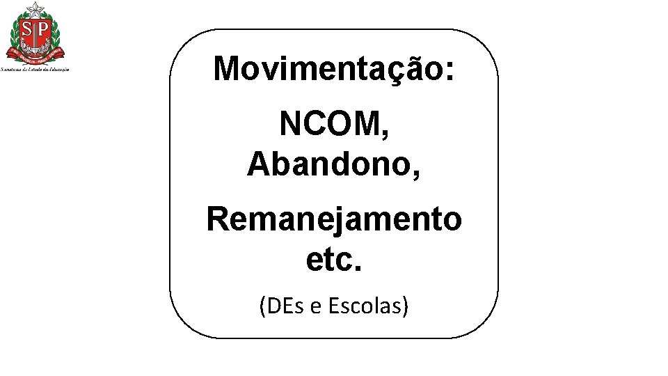 Movimentação: NCOM, Abandono, Remanejamento etc. (DEs e Escolas) Movimentação: NCOM, Abandono, Remanejamento etc. (DEs e Escolas)