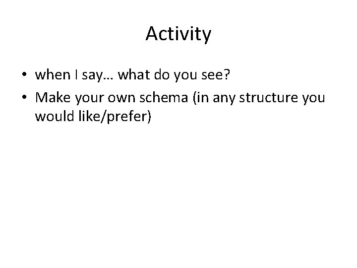 Activity • when I say… what do you see? • Make your own schema