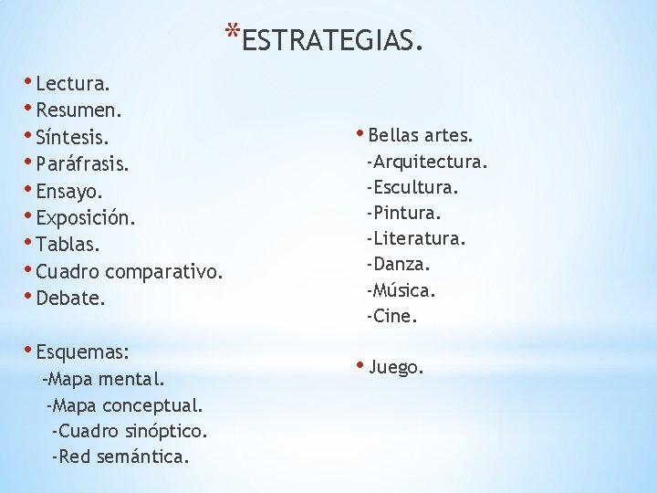 *ESTRATEGIAS. • Lectura. • Resumen. • Síntesis. • Paráfrasis. • Ensayo. • Exposición. •