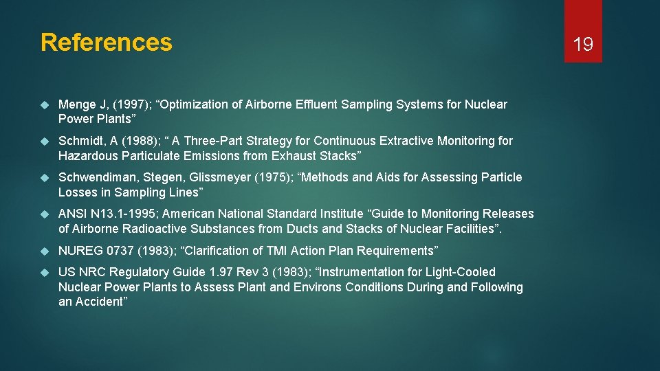 References Menge J, (1997); “Optimization of Airborne Effluent Sampling Systems for Nuclear Power Plants”