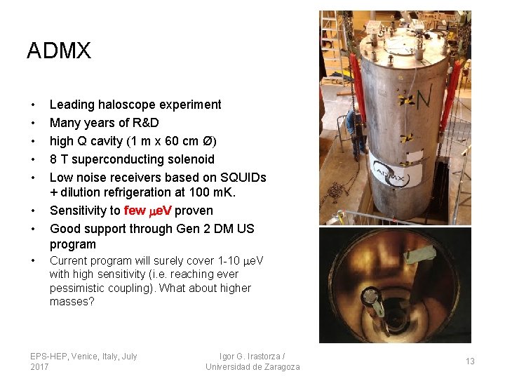 ADMX • • Leading haloscope experiment Many years of R&D high Q cavity (1 ADMX • • Leading haloscope experiment Many years of R&D high Q cavity (1