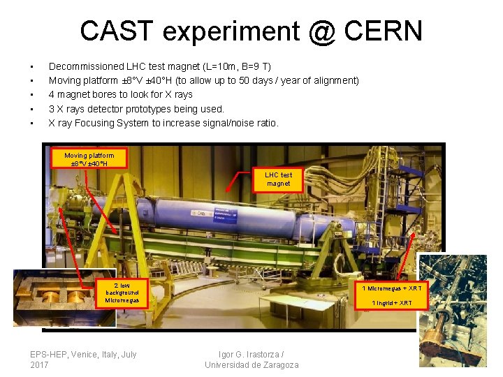 CAST experiment @ CERN • • • Decommissioned LHC test magnet (L=10 m, B=9 CAST experiment @ CERN • • • Decommissioned LHC test magnet (L=10 m, B=9