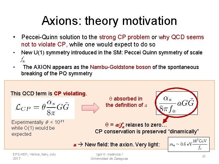 Axions: theory motivation • Peccei-Quinn solution to the strong CP problem or why QCD Axions: theory motivation • Peccei-Quinn solution to the strong CP problem or why QCD