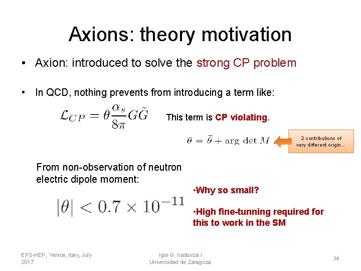 Axions: theory motivation • Axion: introduced to solve the strong CP problem • In Axions: theory motivation • Axion: introduced to solve the strong CP problem • In