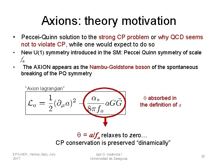 Axions: theory motivation • Peccei-Quinn solution to the strong CP problem or why QCD Axions: theory motivation • Peccei-Quinn solution to the strong CP problem or why QCD