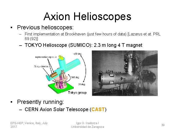 Axion Helioscopes • Previous helioscopes: – First implementation at Brookhaven (just few hours of Axion Helioscopes • Previous helioscopes: – First implementation at Brookhaven (just few hours of