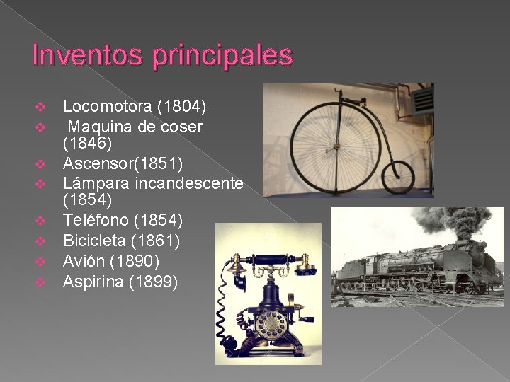 Inventos principales v v v v Locomotora (1804) Maquina de coser (1846) Ascensor(1851) Lámpara