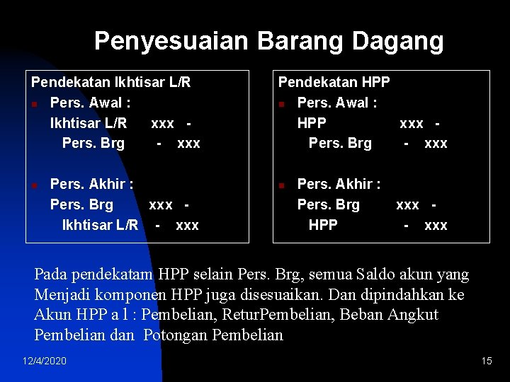 Penyesuaian Barang Dagang Pendekatan Ikhtisar L/R n Pers. Awal : Ikhtisar L/R xxx Pers.