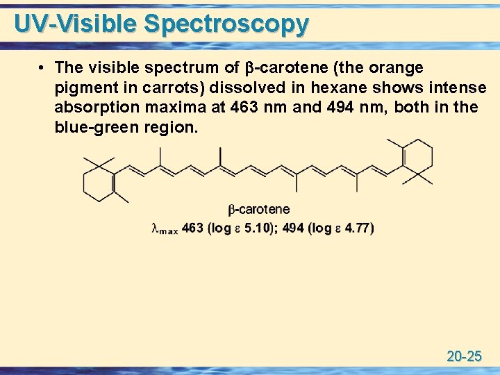 UV-Visible Spectroscopy • The visible spectrum of b-carotene (the orange pigment in carrots) dissolved