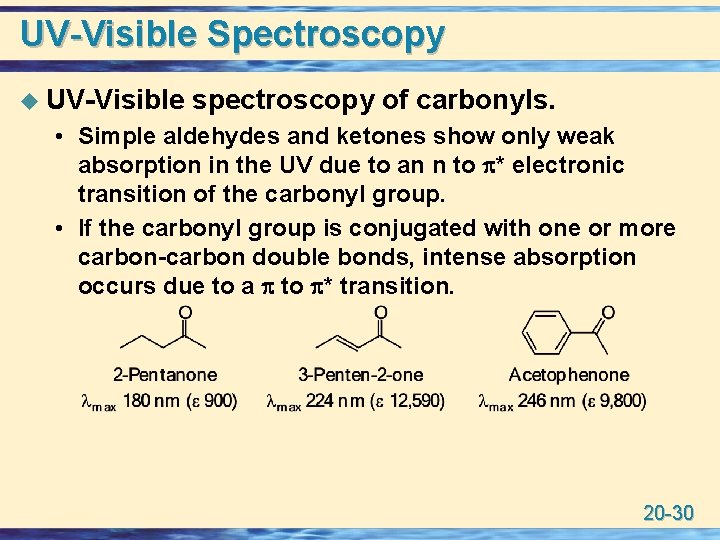 UV-Visible Spectroscopy u UV-Visible spectroscopy of carbonyls. • Simple aldehydes and ketones show only