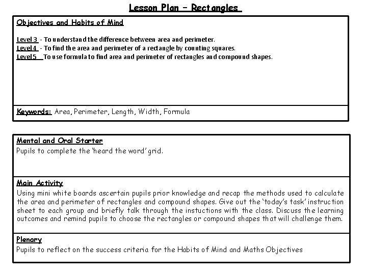 Lesson Plan – Rectangles Objectives and Habits of Mind Level 3 - To understand