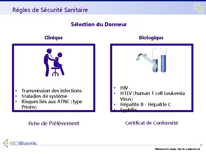 Règles de Sécurité Sanitaire Sélection du Donneur Clinique • • • Transmission des infections