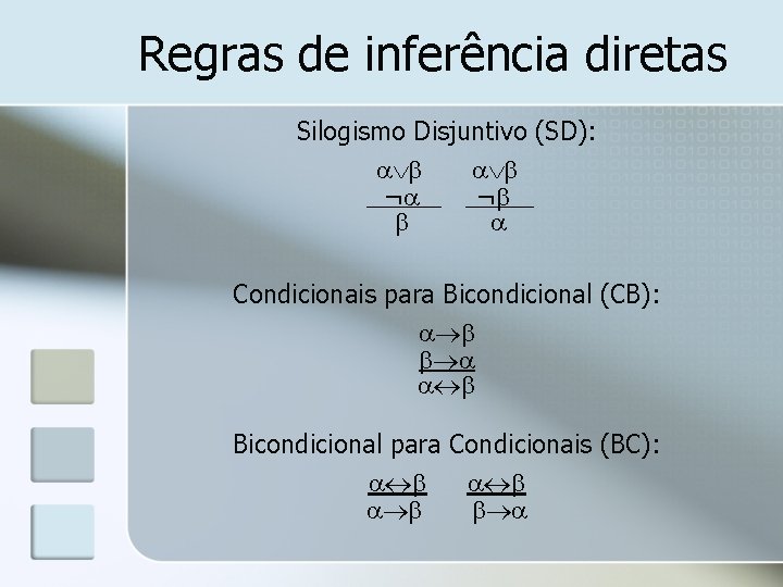 Regras de inferência diretas Silogismo Disjuntivo (SD): ¬ ¬ Condicionais para Bicondicional (CB): Bicondicional