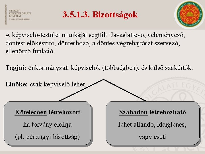 3. 5. 1. 3. Bizottságok A képviselő-testület munkáját segítik. Javaslattevő, véleményező, döntést előkészítő, döntéshozó,