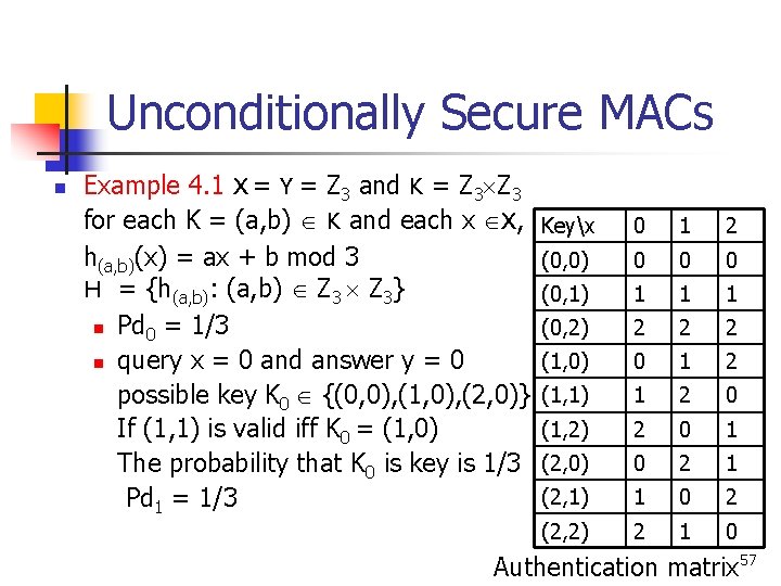 Unconditionally Secure MACs n Example 4. 1 X = Y = Z 3 and Unconditionally Secure MACs n Example 4. 1 X = Y = Z 3 and