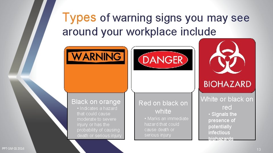 Types of warning signs you may see around your workplace include Black on orange Types of warning signs you may see around your workplace include Black on orange