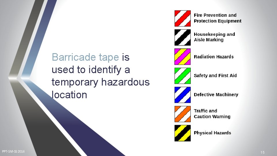 Barricade tape is used to identify a temporary hazardous location PPT-SM-SS 2016 15 Barricade tape is used to identify a temporary hazardous location PPT-SM-SS 2016 15