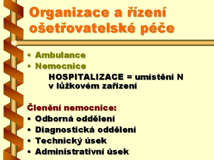 Organizace a řízení ošetřovatelské péče • Ambulance • Nemocnice HOSPITALIZACE = umístění N v