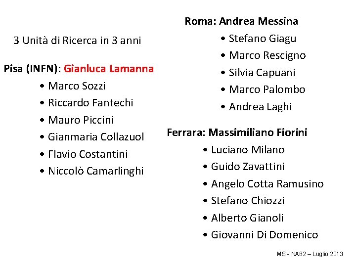 3 Unità di Ricerca in 3 anni Pisa (INFN): Gianluca Lamanna • Marco Sozzi