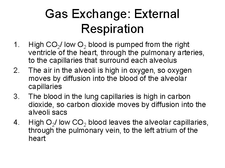 Gas Exchange: External Respiration 1. 2. 3. 4. High CO 2/ low O 2 Gas Exchange: External Respiration 1. 2. 3. 4. High CO 2/ low O 2