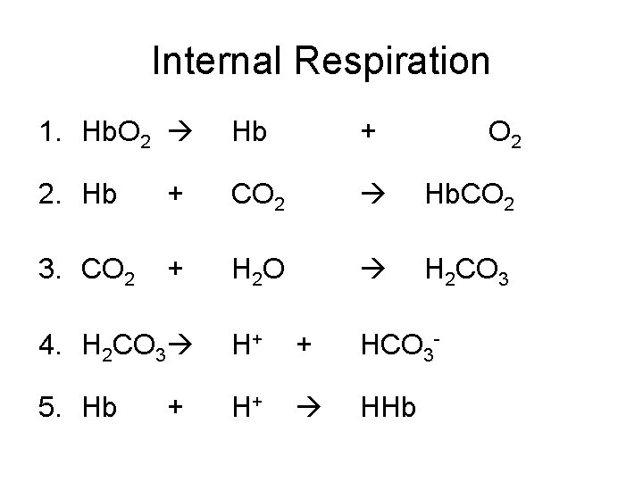 Internal Respiration 1. Hb. O 2 Hb + 2. Hb + CO 2 Hb. Internal Respiration 1. Hb. O 2 Hb + 2. Hb + CO 2 Hb.