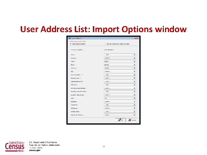 User Address List: Import Options window 26 