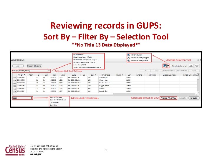 Reviewing records in GUPS: Sort By – Filter By – Selection Tool **No Title