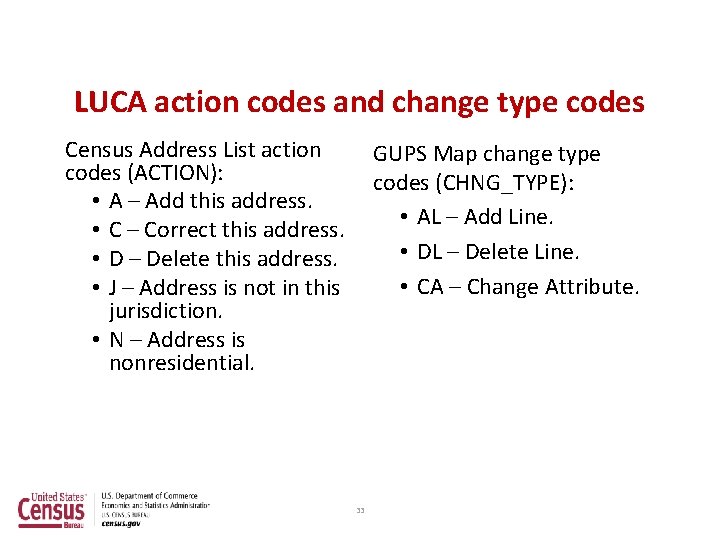 LUCA action codes and change type codes Census Address List action codes (ACTION): •