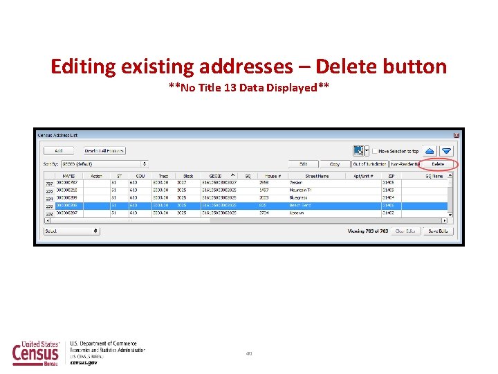 Editing existing addresses – Delete button **No Title 13 Data Displayed** 40 