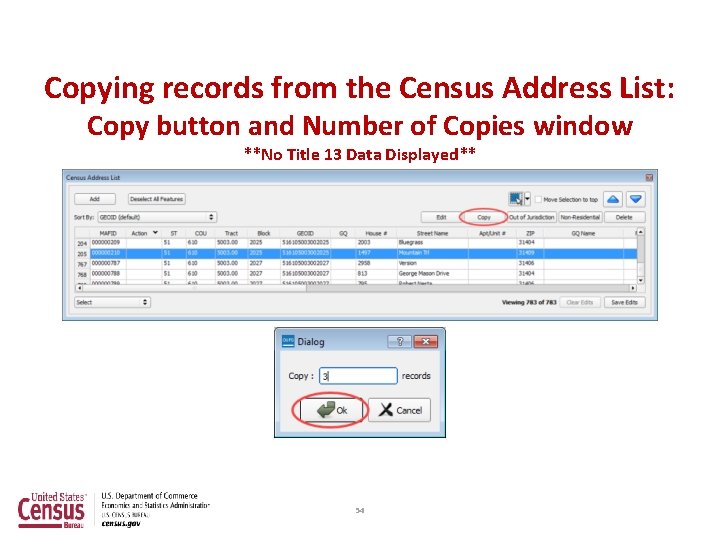 Copying records from the Census Address List: Copy button and Number of Copies window