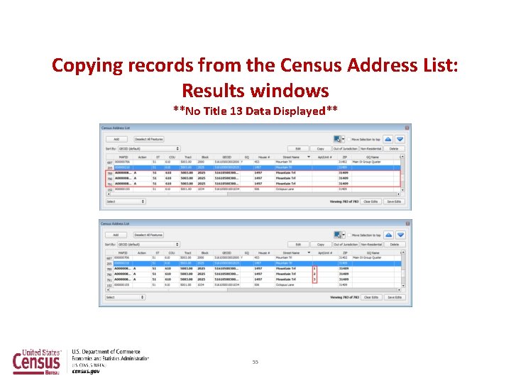 Copying records from the Census Address List: Results windows **No Title 13 Data Displayed**