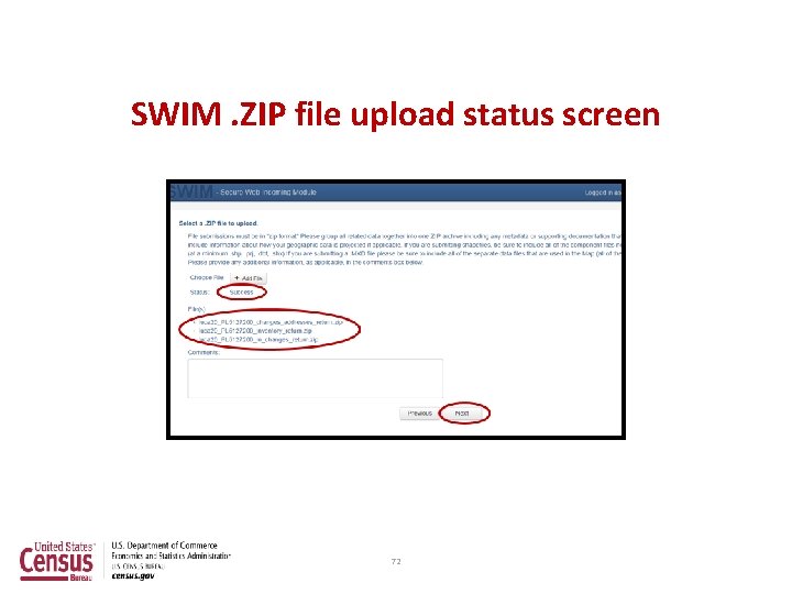 SWIM. ZIP file upload status screen 72 