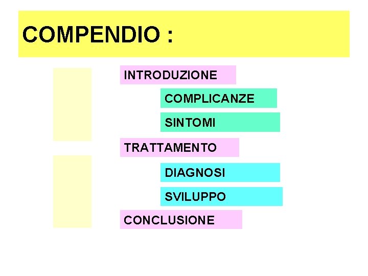 COMPENDIO : INTRODUZIONE COMPLICANZE SINTOMI TRATTAMENTO DIAGNOSI SVILUPPO CONCLUSIONE COMPENDIO : INTRODUZIONE COMPLICANZE SINTOMI TRATTAMENTO DIAGNOSI SVILUPPO CONCLUSIONE