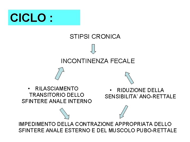 CICLO : STIPSI CRONICA INCONTINENZA FECALE • RILASCIAMENTO TRANSITORIO DELLO SFINTERE ANALE INTERNO • CICLO : STIPSI CRONICA INCONTINENZA FECALE • RILASCIAMENTO TRANSITORIO DELLO SFINTERE ANALE INTERNO •