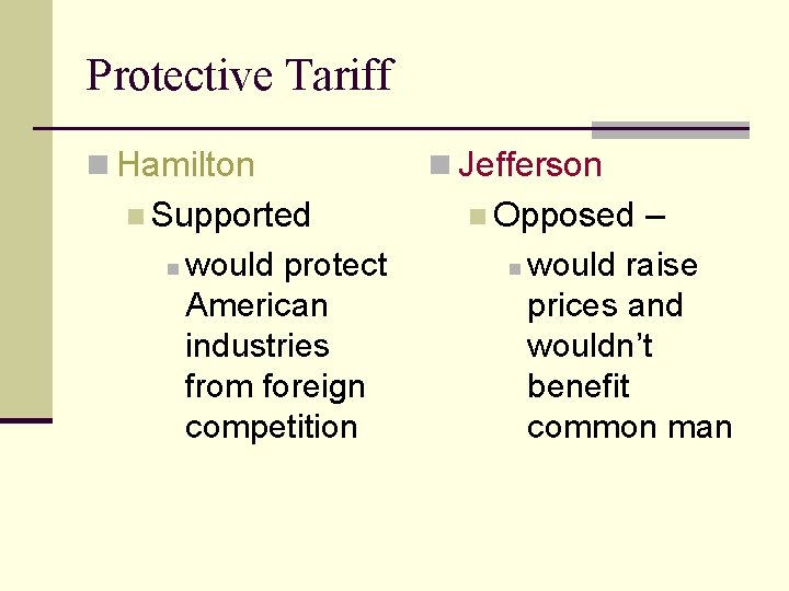 Protective Tariff n Hamilton n Supported n would protect American industries from foreign competition