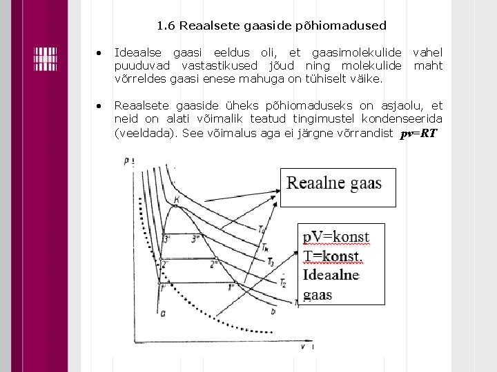 1. 6 Reaalsete gaaside põhiomadused Ideaalse gaasi eeldus oli, et gaasimolekulide vahel puuduvad vastastikused