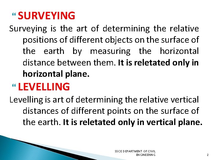  SURVEYING Surveying is the art of determining the relative positions of different objects