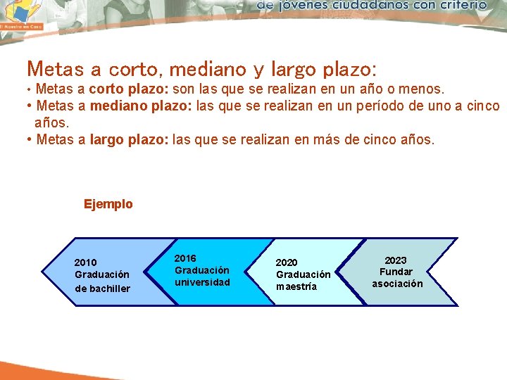 Metas a corto, mediano y largo plazo: • Metas a corto plazo: son las