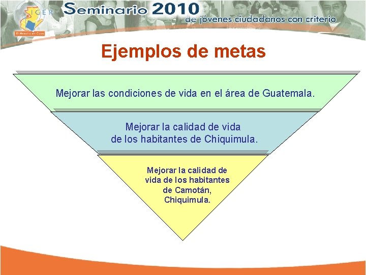 Ejemplos de metas Mejorar las condiciones de vida en el área de Guatemala. Mejorar