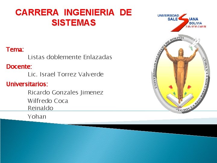 CARRERA INGENIERIA DE SISTEMAS Tema: Listas doblemente Enlazadas Docente: Lic. Israel Torrez Valverde Universitarios: